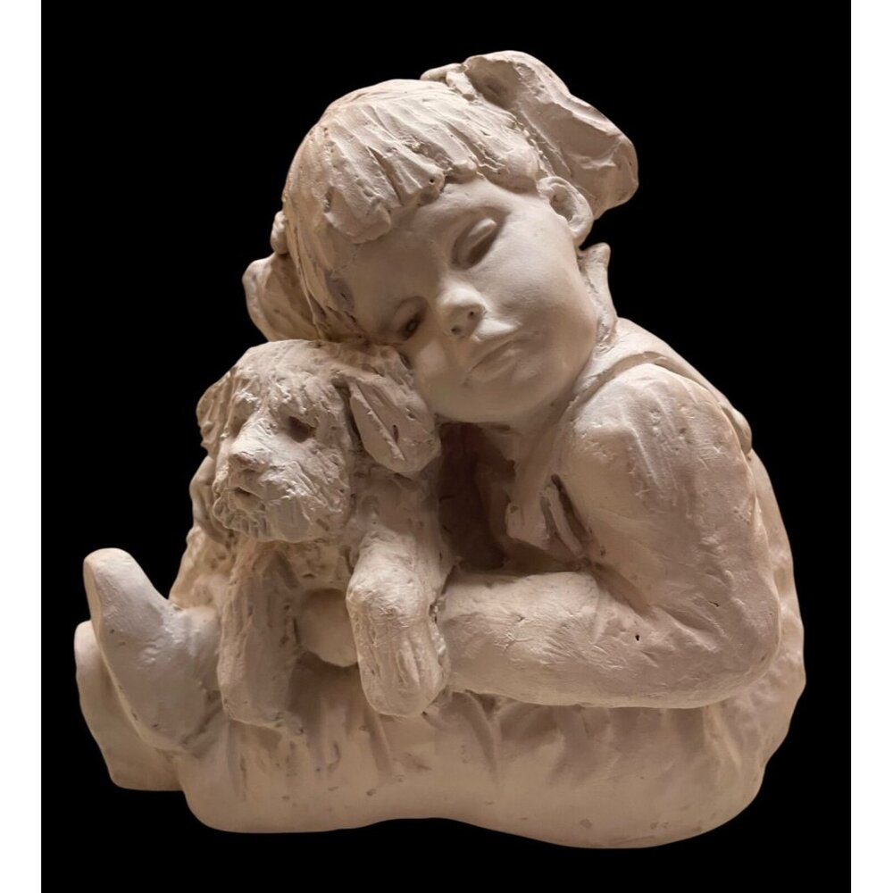 Austin Productions Sculpture Bright Eyes Girl With Dog Vintage 1987 5x5 Inches